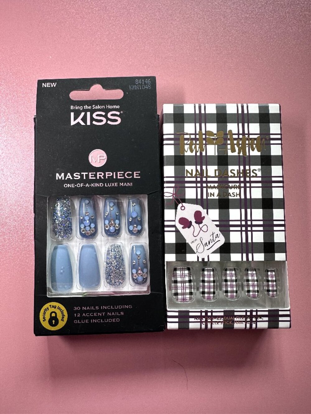 2pc Coffin Press On Nail Bundle – Red Aspen Plaid & KISS Blue Glitter